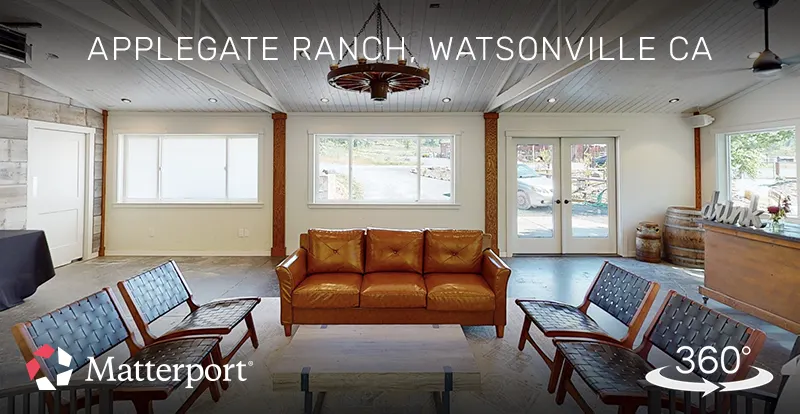 Matterport 3D virtual tour of a rustic wedding venue lounge area in Watsonville, California, created by ShutterSpin. Virtual tours let couples explore event spaces online and help venues showcase their unique atmosphere.